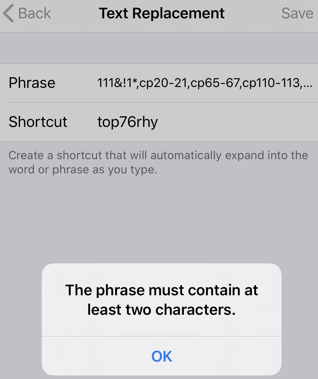 iOS 2000 char limit error message